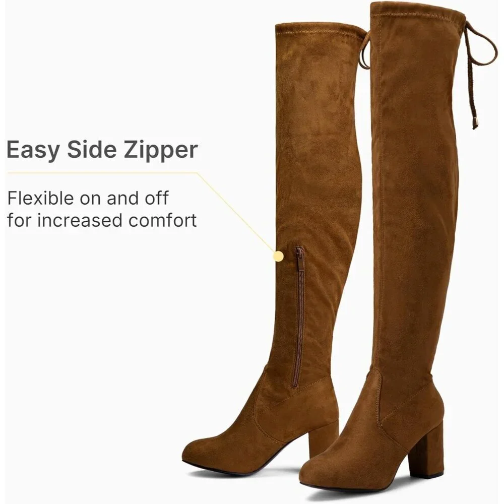 Women's Brown Suede Chunky Heels Zipper Over The Knee High Adjustable Boots
